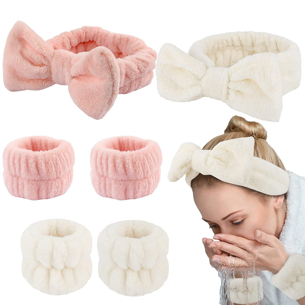 Headband set in pink and cream, shown in use while washing face