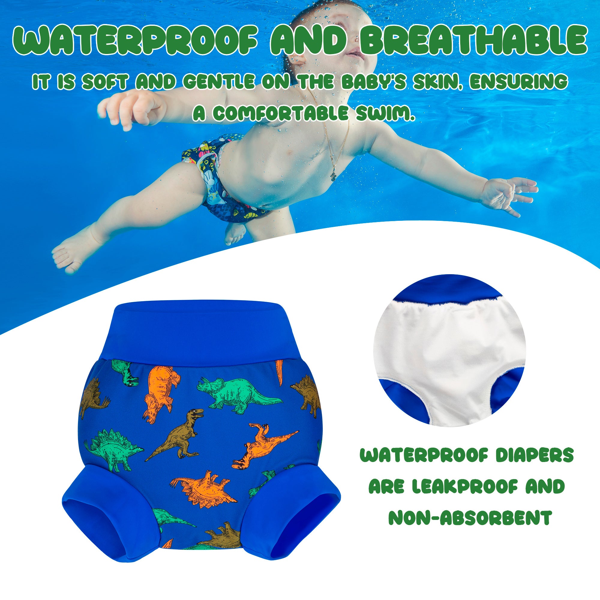 BIG ELEPHANT Swim Diapers, Reusable Washable Adjustable Waterproof Baby Swimming Diapers