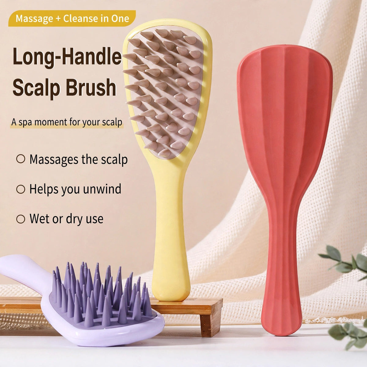 Long-handle scalp brush in three colors