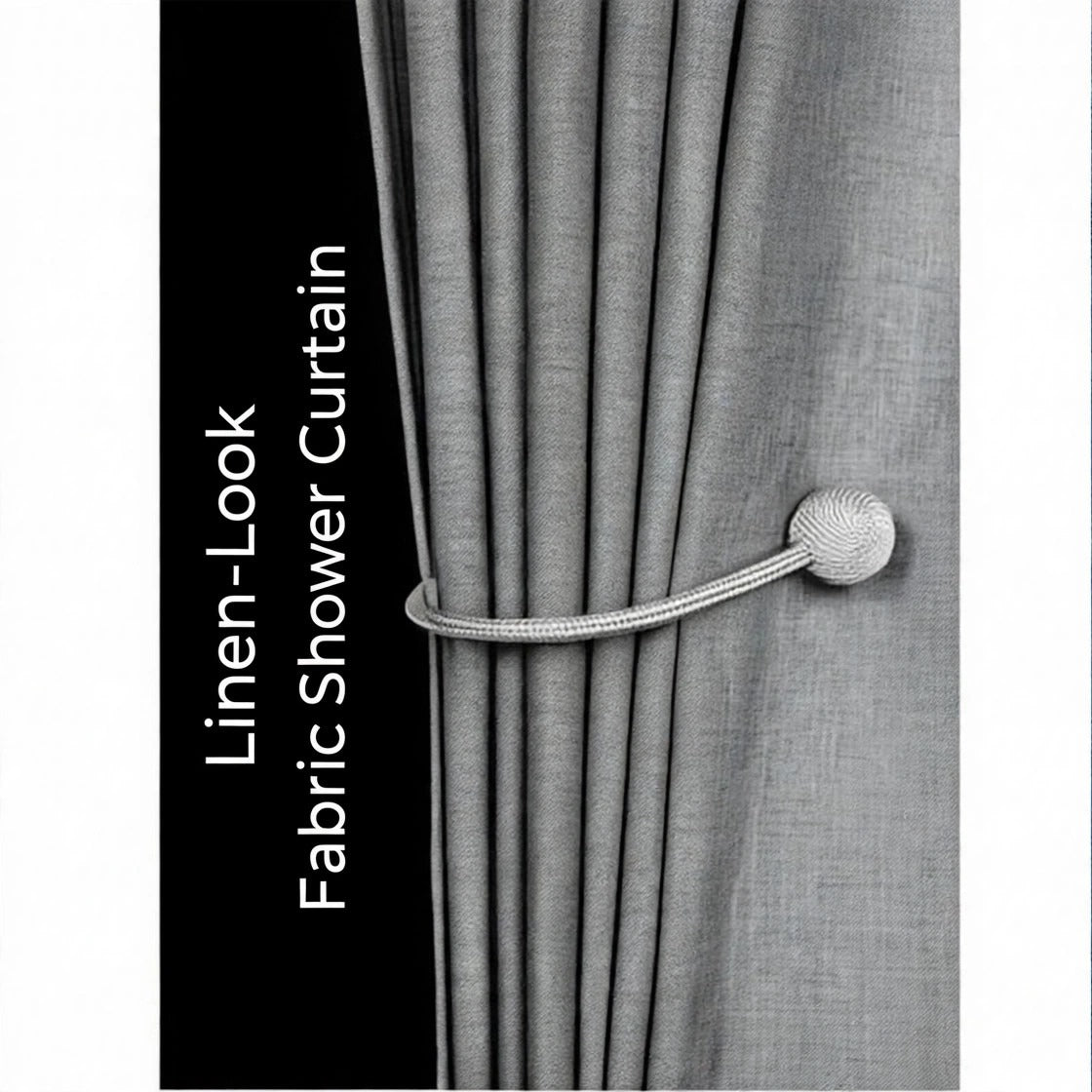 Linen-Look Fabric Shower Curtain — grey curtain with rope tieback