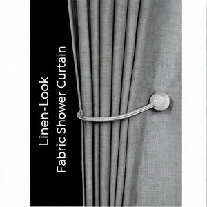 Linen-Look Fabric Shower Curtain — grey curtain with rope tieback