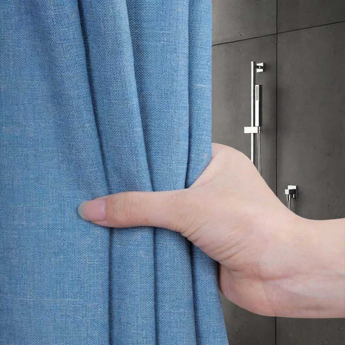 Close-up of linen-look fabric shower curtain texture in blue
