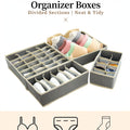 Grey divided drawer organizer boxes with English labels Bras, Underwear, Socks