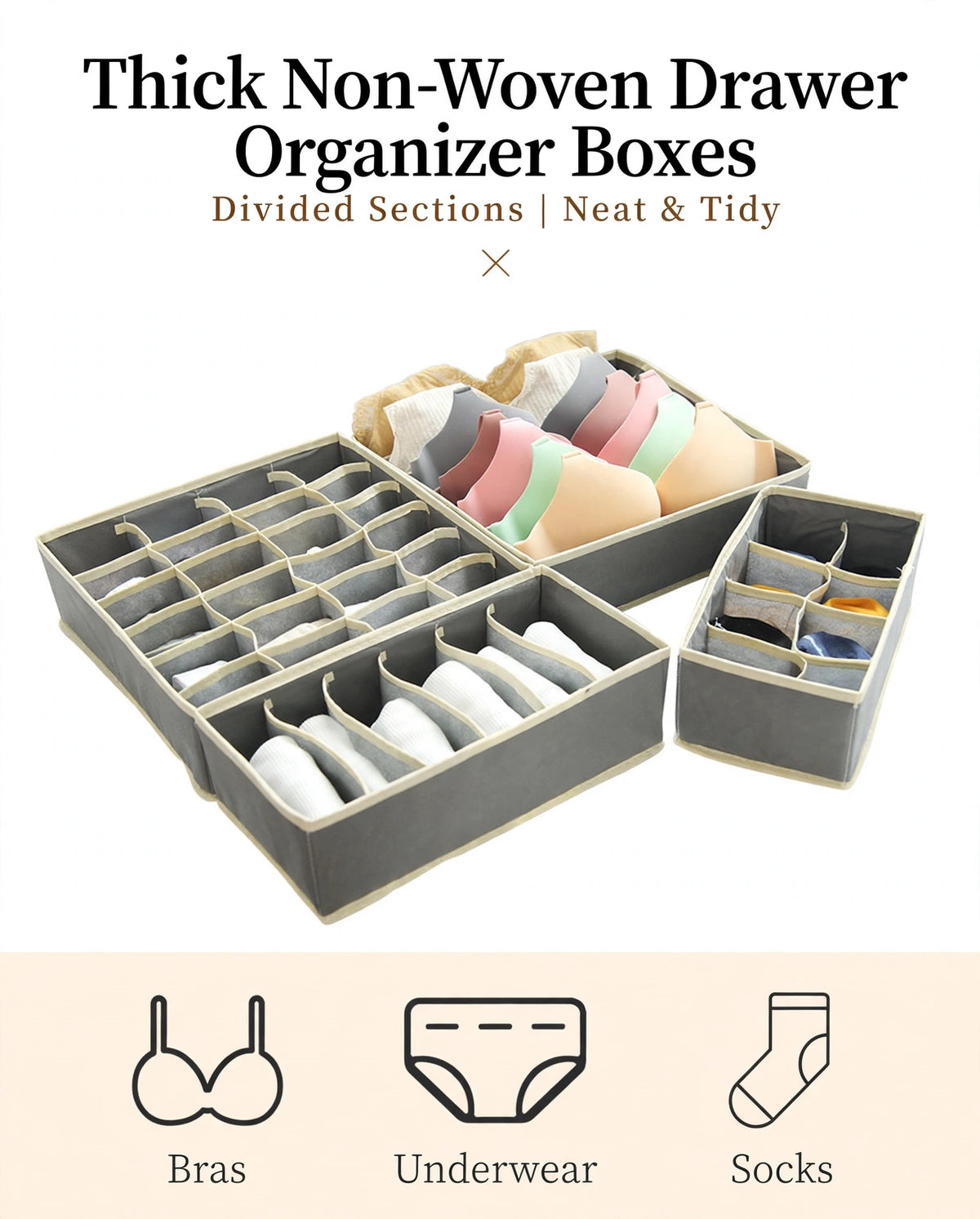 Grey divided drawer organizer boxes with English labels Bras, Underwear, Socks