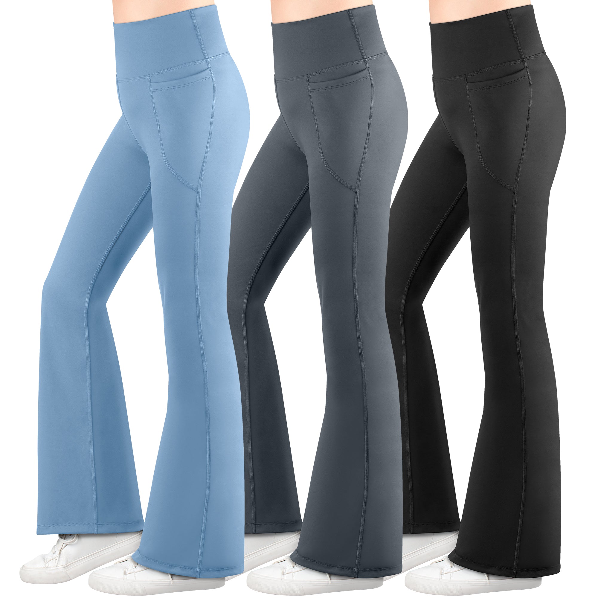 BIG ELEPHANT 3-Pack Girls’ Flared Pants with Pockets – High Waisted Bell Bottom Leggings for School, Dance & Everyday Wear