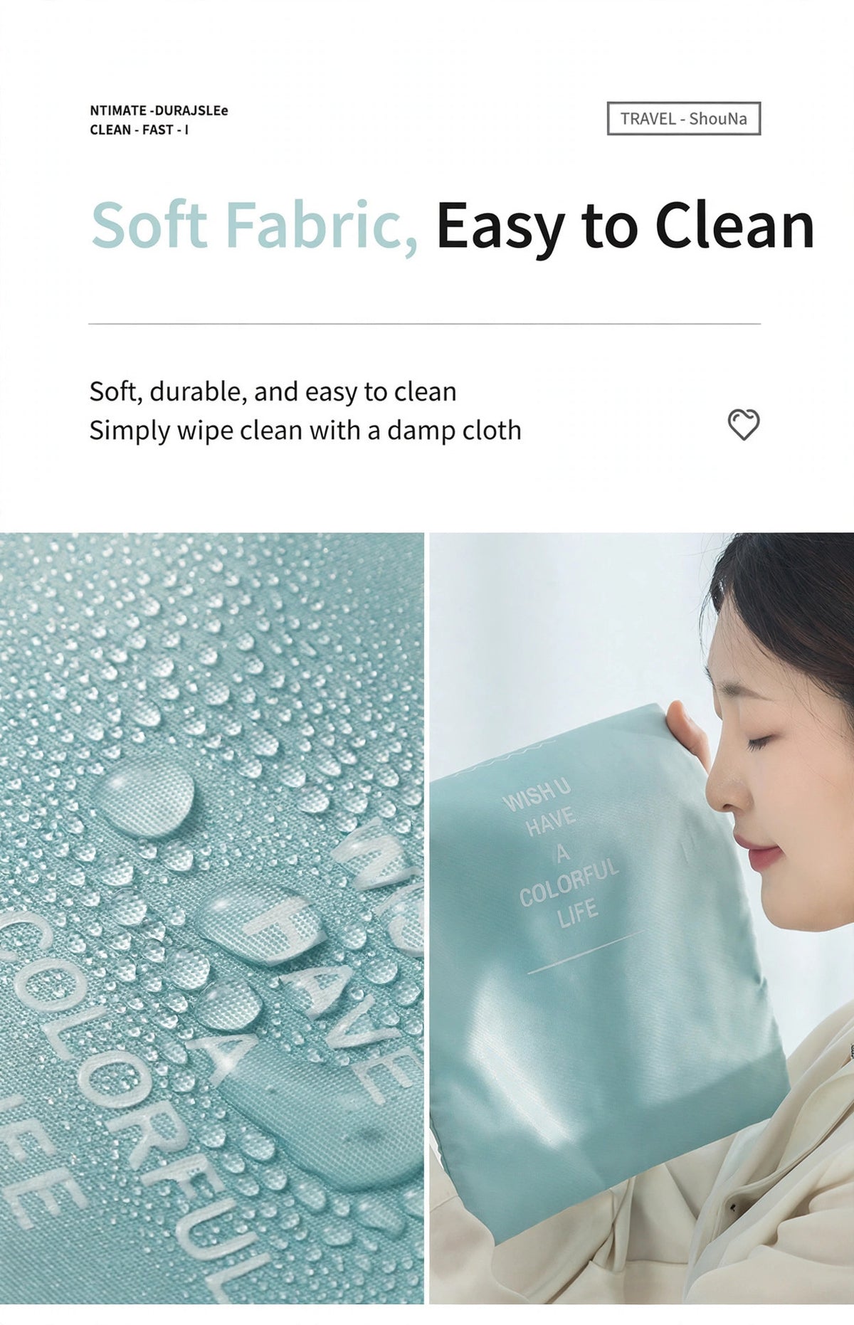 Light blue packing cube fabric close-up and pouch — Soft Fabric, Easy to Clean