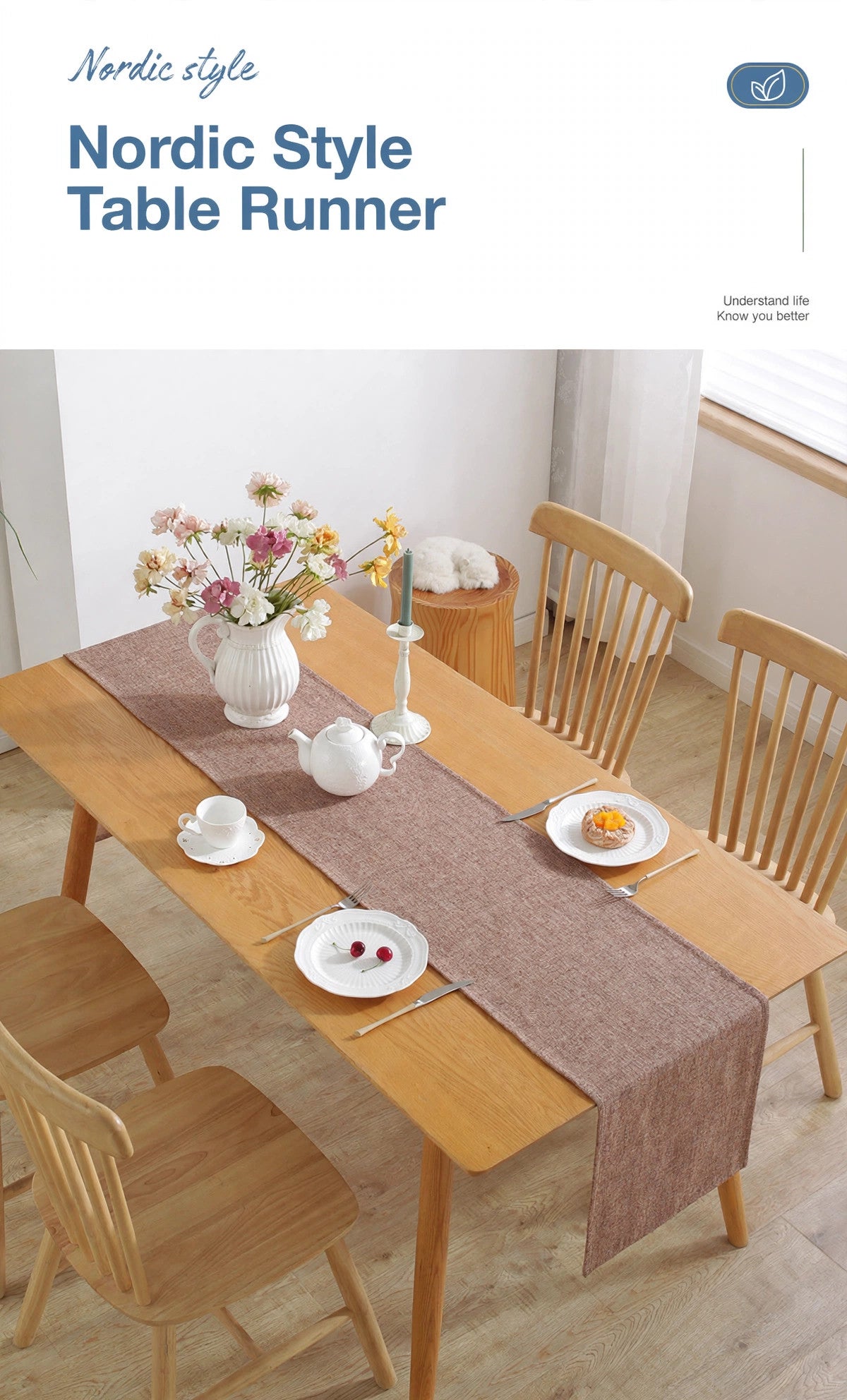 Brown linen-look table runner on a wooden dining table — Nordic Style Table Runner
